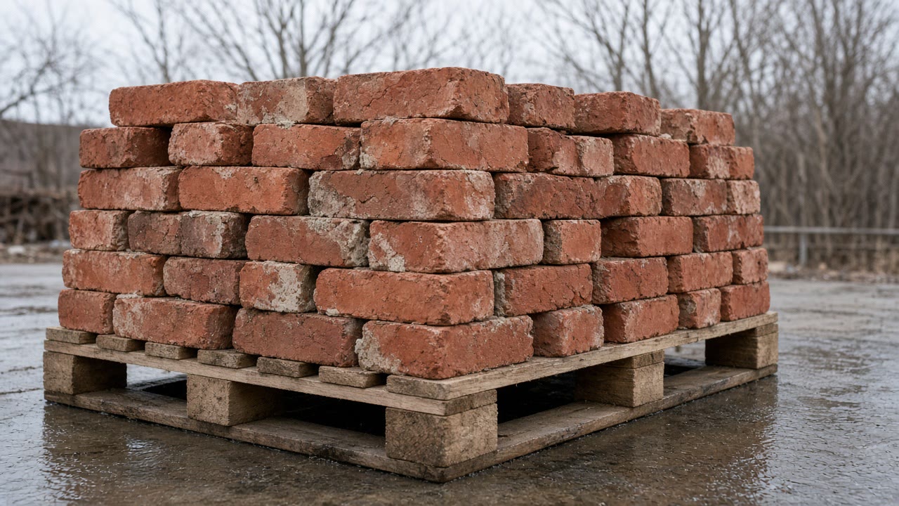 Pallet of red bricks on wet sidewalk in winter