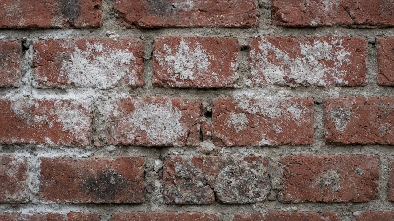 Close-up of old brick with white salt bloom and a cracked joint