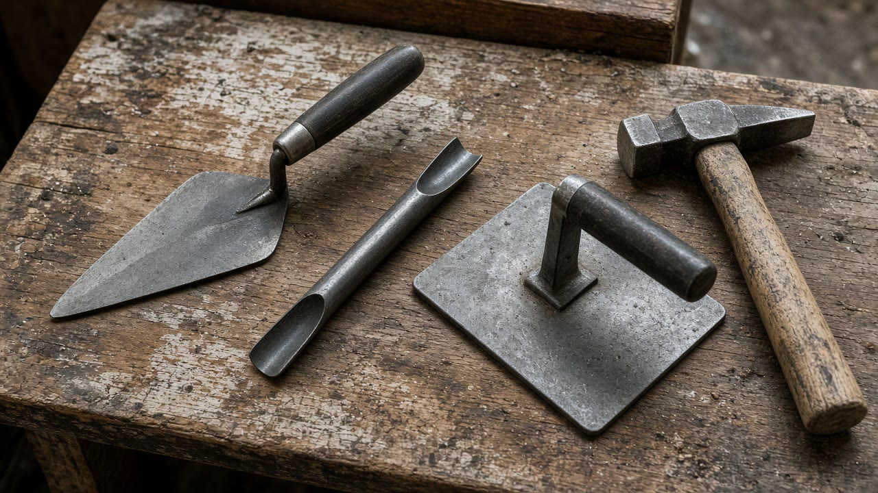 Pointing trowel, jointer, hawk, and brick hammer on a worn board