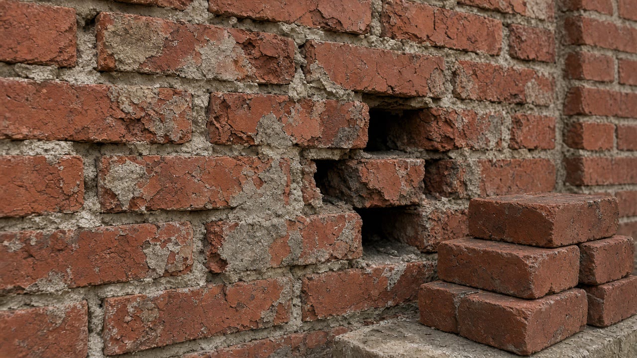 Weathered brick wall with one unit cut out and a stack of unused bricks