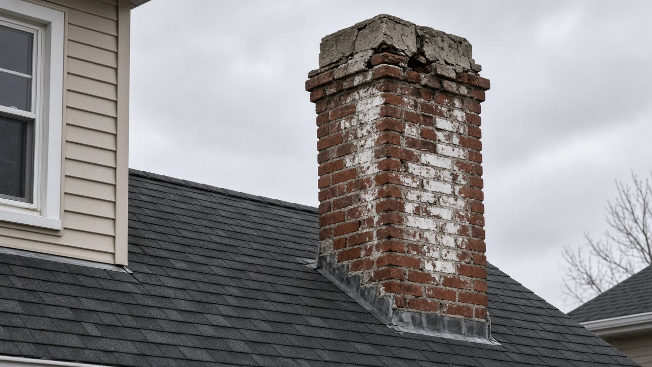 Brick chimney with a cracked concrete crown above a shingled roof