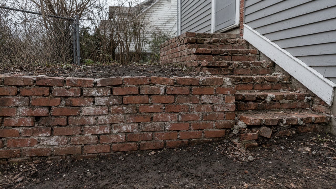 Brick retaining wall and crumbling brick steps beside a house