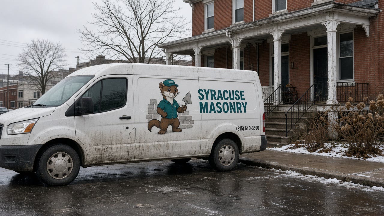 Dirty white cargo van with a cartoon pine marten vinyl and Syracuse Masonry lettering parked on a winter Syracuse street in front of a brick-porch house