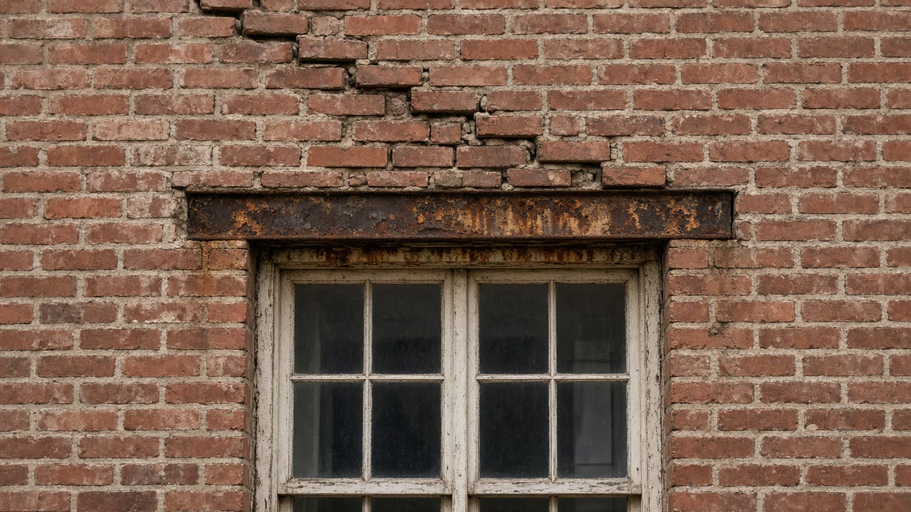 Rusted steel lintel over a window with a stepped crack in the brick above