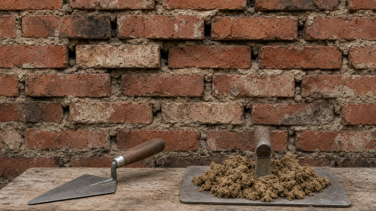 Pointing trowel and mortar hawk in front of an old brick wall